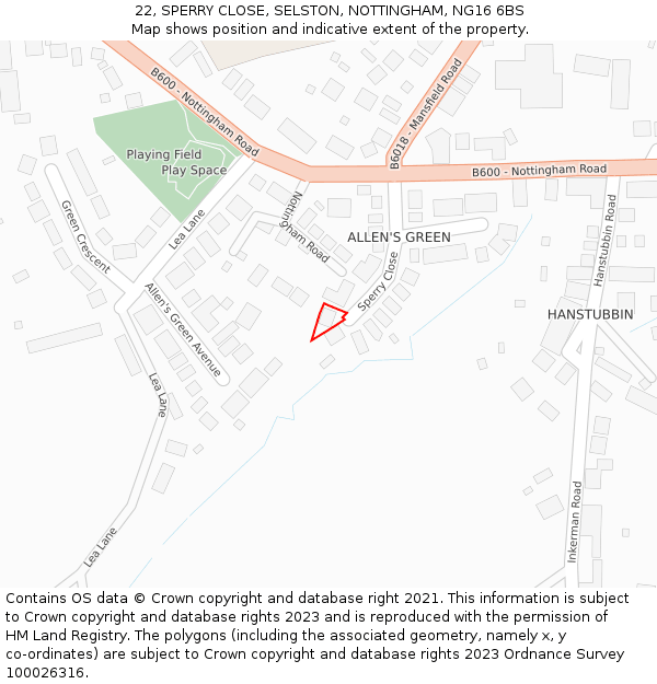 22, SPERRY CLOSE, SELSTON, NOTTINGHAM, NG16 6BS: Location map and indicative extent of plot