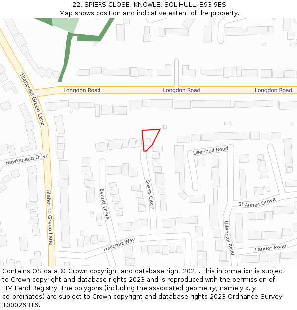 22, SPIERS CLOSE, KNOWLE, SOLIHULL, B93 9ES: Location map and indicative extent of plot
