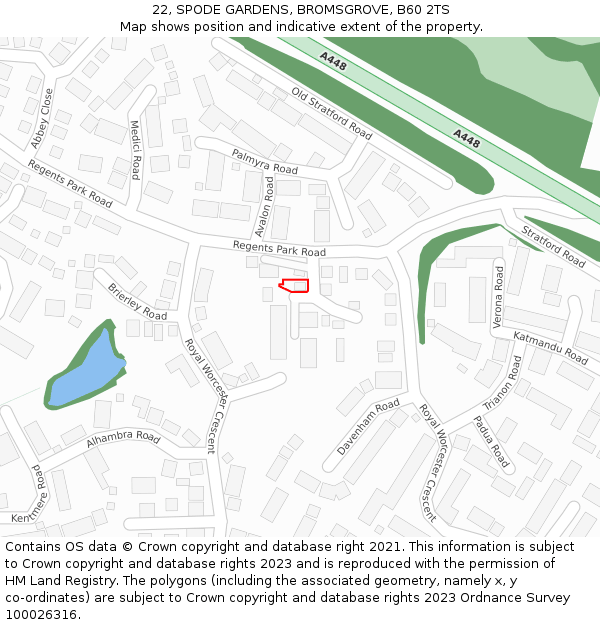 22, SPODE GARDENS, BROMSGROVE, B60 2TS: Location map and indicative extent of plot