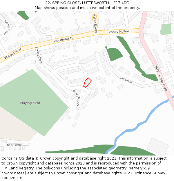 22, SPRING CLOSE, LUTTERWORTH, LE17 4DD: Location map and indicative extent of plot