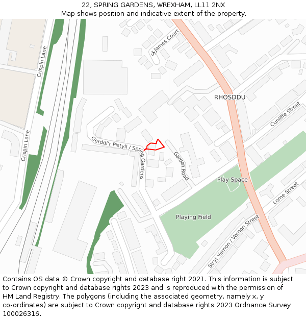 22, SPRING GARDENS, WREXHAM, LL11 2NX: Location map and indicative extent of plot