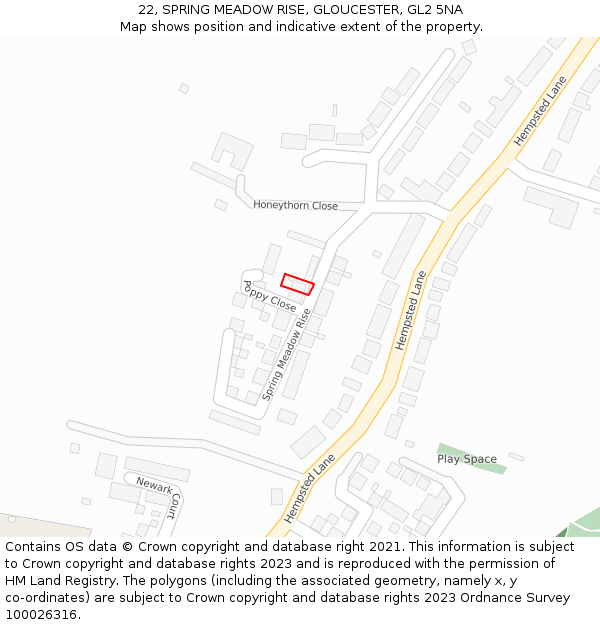 22, SPRING MEADOW RISE, GLOUCESTER, GL2 5NA: Location map and indicative extent of plot