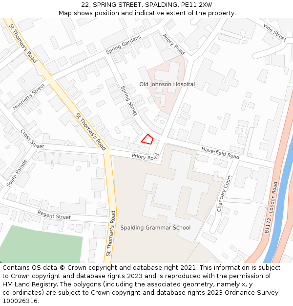 22, SPRING STREET, SPALDING, PE11 2XW: Location map and indicative extent of plot