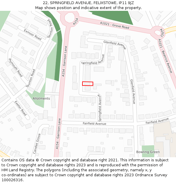 22, SPRINGFIELD AVENUE, FELIXSTOWE, IP11 9JZ: Location map and indicative extent of plot