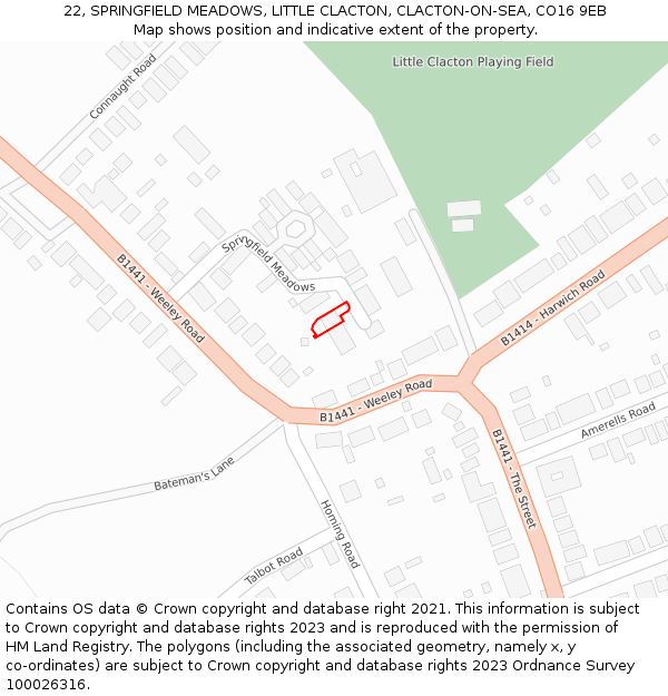 22, SPRINGFIELD MEADOWS, LITTLE CLACTON, CLACTON-ON-SEA, CO16 9EB: Location map and indicative extent of plot