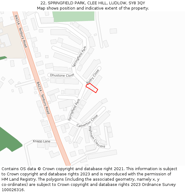 22, SPRINGFIELD PARK, CLEE HILL, LUDLOW, SY8 3QY: Location map and indicative extent of plot
