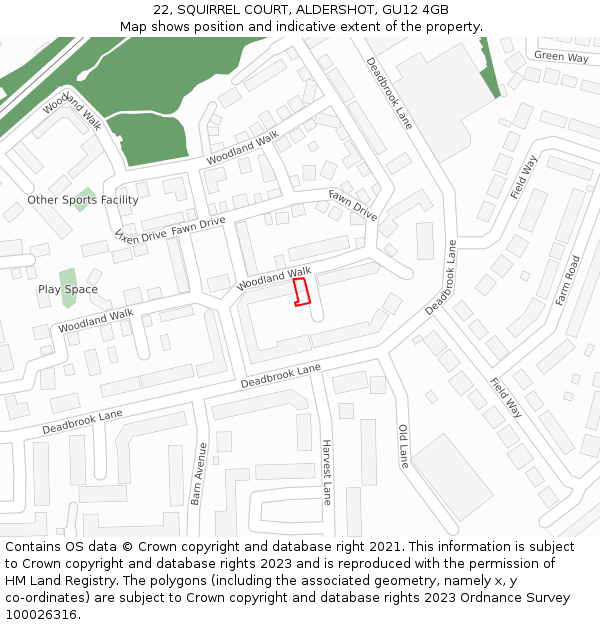 22, SQUIRREL COURT, ALDERSHOT, GU12 4GB: Location map and indicative extent of plot