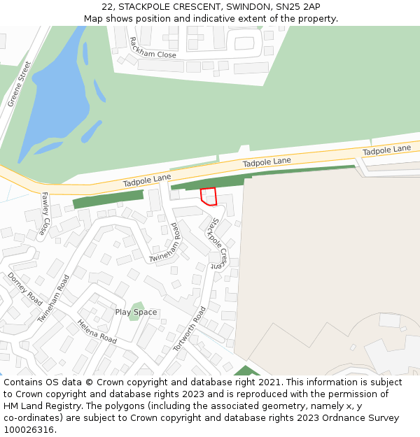 22, STACKPOLE CRESCENT, SWINDON, SN25 2AP: Location map and indicative extent of plot