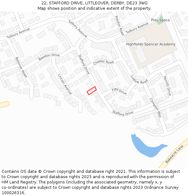22, STAFFORD DRIVE, LITTLEOVER, DERBY, DE23 3WG: Location map and indicative extent of plot