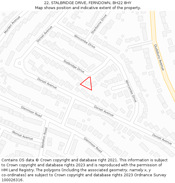 22, STALBRIDGE DRIVE, FERNDOWN, BH22 8HY: Location map and indicative extent of plot