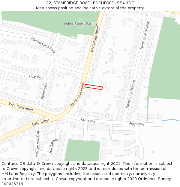 22, STAMBRIDGE ROAD, ROCHFORD, SS4 1DG: Location map and indicative extent of plot