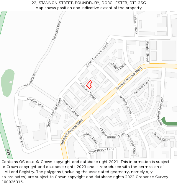 22, STANNON STREET, POUNDBURY, DORCHESTER, DT1 3SG: Location map and indicative extent of plot