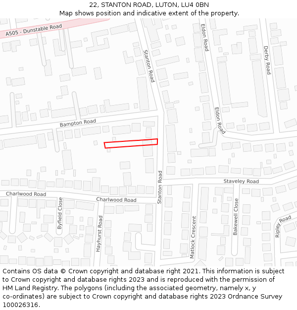 22, STANTON ROAD, LUTON, LU4 0BN: Location map and indicative extent of plot