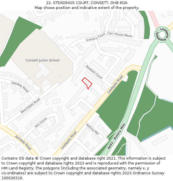 22, STEADINGS COURT, CONSETT, DH8 6GA: Location map and indicative extent of plot