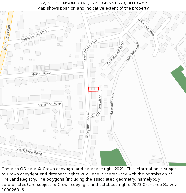 22, STEPHENSON DRIVE, EAST GRINSTEAD, RH19 4AP: Location map and indicative extent of plot