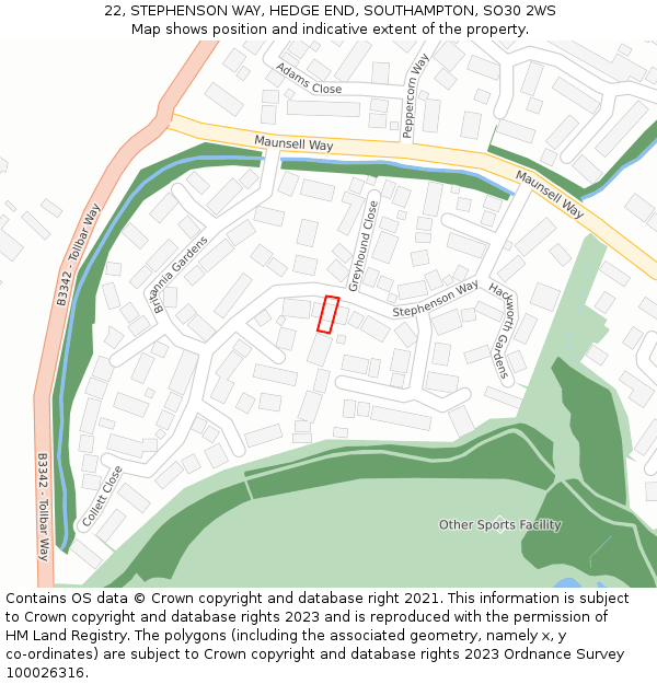 22, STEPHENSON WAY, HEDGE END, SOUTHAMPTON, SO30 2WS: Location map and indicative extent of plot