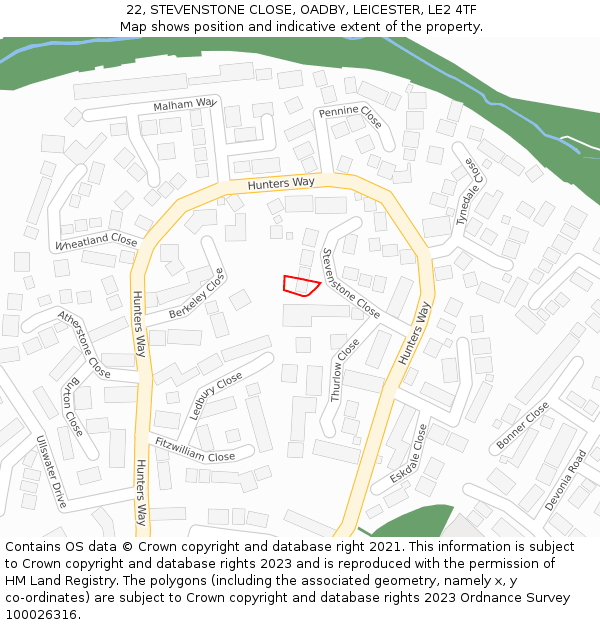 22, STEVENSTONE CLOSE, OADBY, LEICESTER, LE2 4TF: Location map and indicative extent of plot