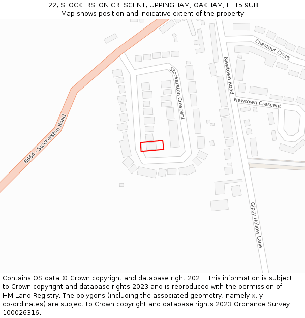22, STOCKERSTON CRESCENT, UPPINGHAM, OAKHAM, LE15 9UB: Location map and indicative extent of plot