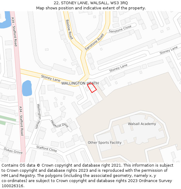 22, STONEY LANE, WALSALL, WS3 3RQ: Location map and indicative extent of plot