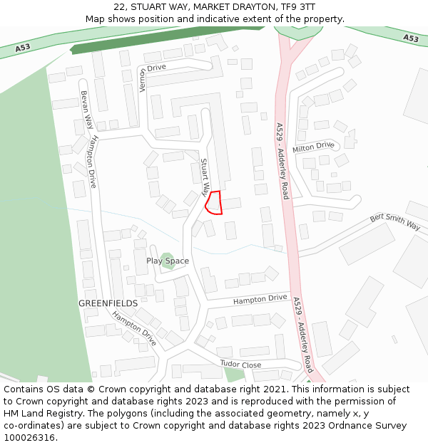 22, STUART WAY, MARKET DRAYTON, TF9 3TT: Location map and indicative extent of plot