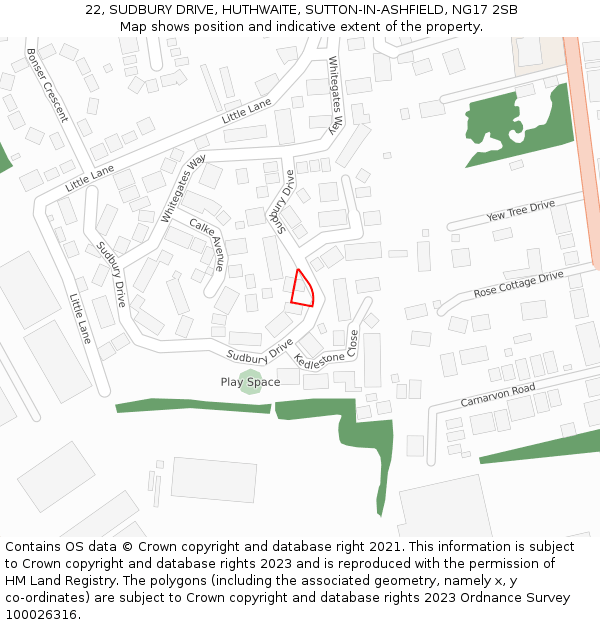 22, SUDBURY DRIVE, HUTHWAITE, SUTTON-IN-ASHFIELD, NG17 2SB: Location map and indicative extent of plot