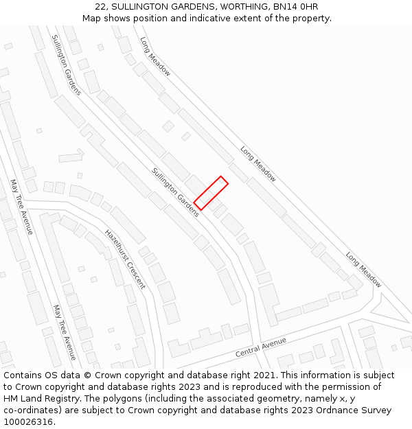 22, SULLINGTON GARDENS, WORTHING, BN14 0HR: Location map and indicative extent of plot