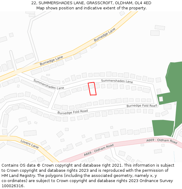 22, SUMMERSHADES LANE, GRASSCROFT, OLDHAM, OL4 4ED: Location map and indicative extent of plot