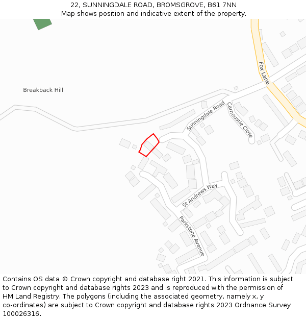 22, SUNNINGDALE ROAD, BROMSGROVE, B61 7NN: Location map and indicative extent of plot