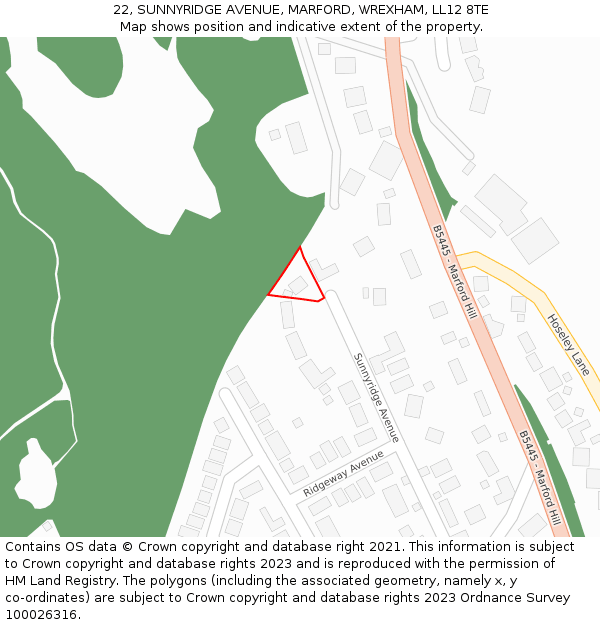 22, SUNNYRIDGE AVENUE, MARFORD, WREXHAM, LL12 8TE: Location map and indicative extent of plot