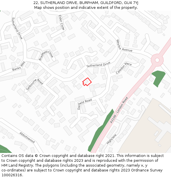 22, SUTHERLAND DRIVE, BURPHAM, GUILDFORD, GU4 7YJ: Location map and indicative extent of plot