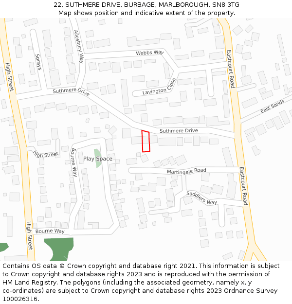 22, SUTHMERE DRIVE, BURBAGE, MARLBOROUGH, SN8 3TG: Location map and indicative extent of plot