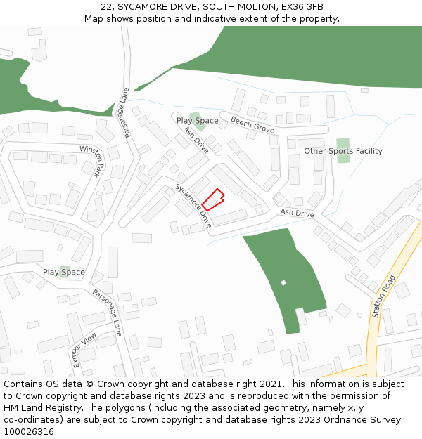 22, SYCAMORE DRIVE, SOUTH MOLTON, EX36 3FB: Location map and indicative extent of plot