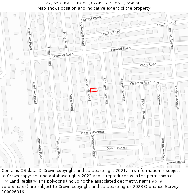 22, SYDERVELT ROAD, CANVEY ISLAND, SS8 9EF: Location map and indicative extent of plot