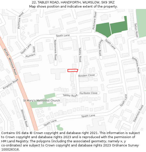 22, TABLEY ROAD, HANDFORTH, WILMSLOW, SK9 3RZ: Location map and indicative extent of plot