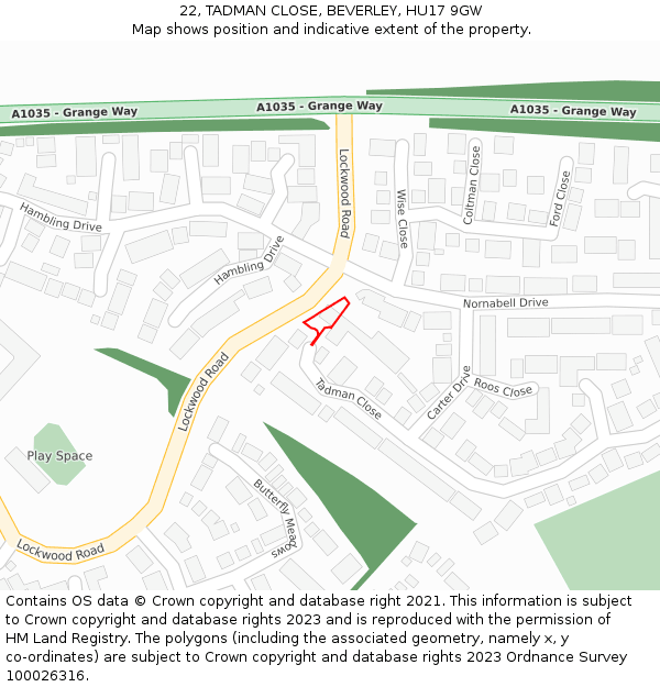 22, TADMAN CLOSE, BEVERLEY, HU17 9GW: Location map and indicative extent of plot