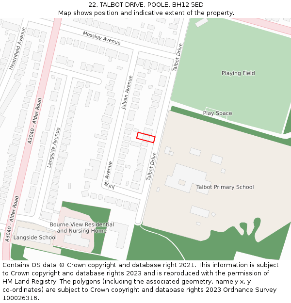 22, TALBOT DRIVE, POOLE, BH12 5ED: Location map and indicative extent of plot