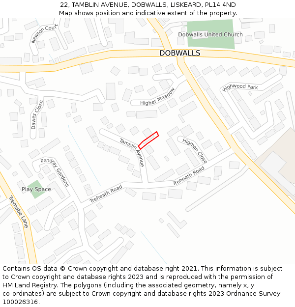 22, TAMBLIN AVENUE, DOBWALLS, LISKEARD, PL14 4ND: Location map and indicative extent of plot
