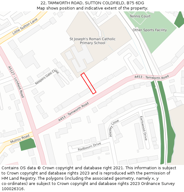 22, TAMWORTH ROAD, SUTTON COLDFIELD, B75 6DG: Location map and indicative extent of plot