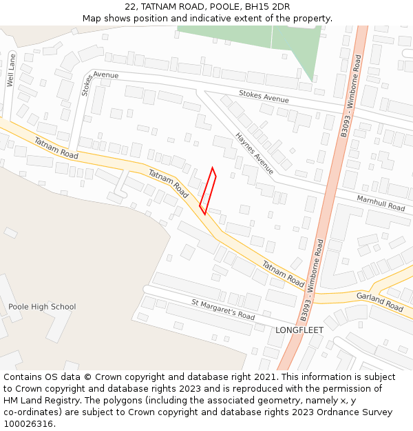 22, TATNAM ROAD, POOLE, BH15 2DR: Location map and indicative extent of plot