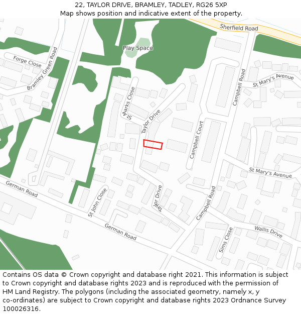 22, TAYLOR DRIVE, BRAMLEY, TADLEY, RG26 5XP: Location map and indicative extent of plot