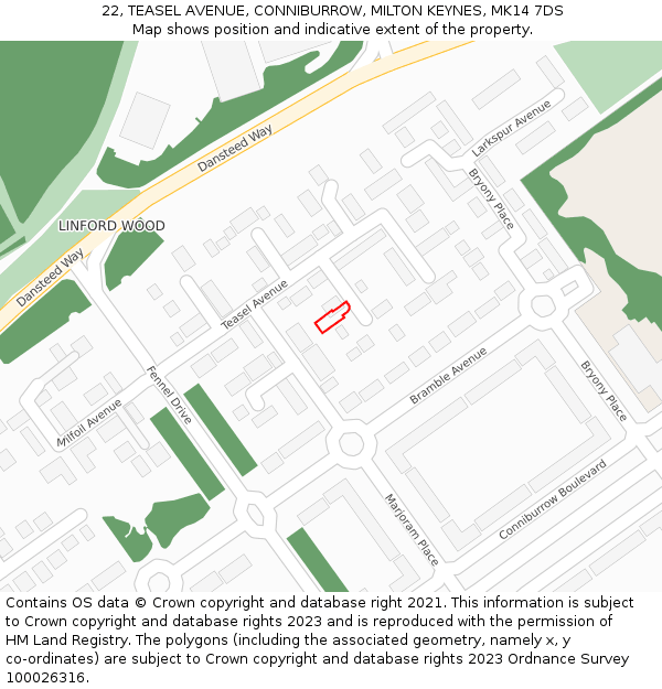 22, TEASEL AVENUE, CONNIBURROW, MILTON KEYNES, MK14 7DS: Location map and indicative extent of plot