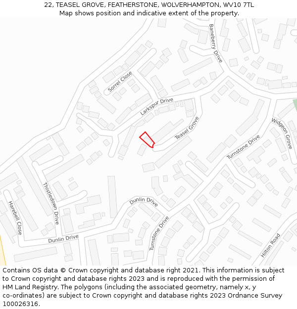 22, TEASEL GROVE, FEATHERSTONE, WOLVERHAMPTON, WV10 7TL: Location map and indicative extent of plot