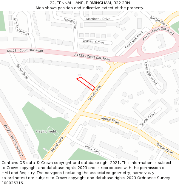 22, TENNAL LANE, BIRMINGHAM, B32 2BN: Location map and indicative extent of plot