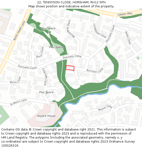 22, TENNYSON CLOSE, HORSHAM, RH12 5PN: Location map and indicative extent of plot
