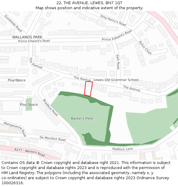 22, THE AVENUE, LEWES, BN7 1QT: Location map and indicative extent of plot