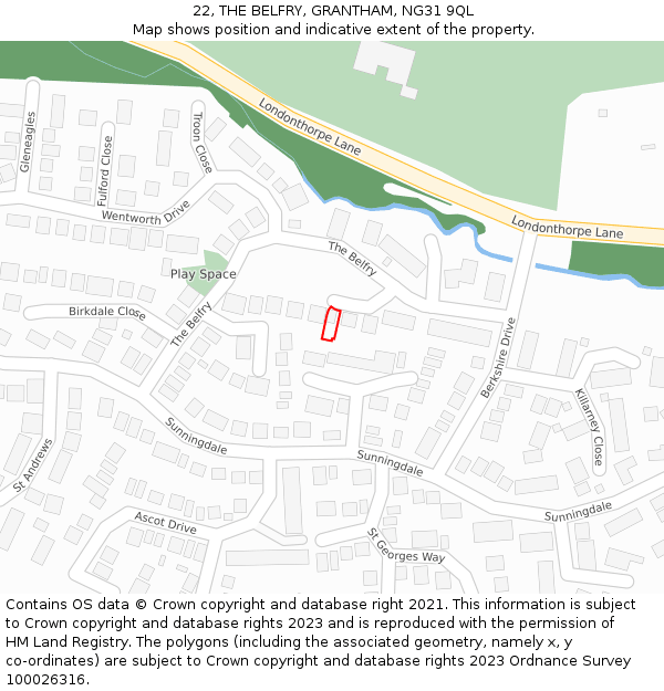 22, THE BELFRY, GRANTHAM, NG31 9QL: Location map and indicative extent of plot