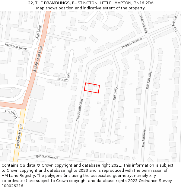 22, THE BRAMBLINGS, RUSTINGTON, LITTLEHAMPTON, BN16 2DA: Location map and indicative extent of plot