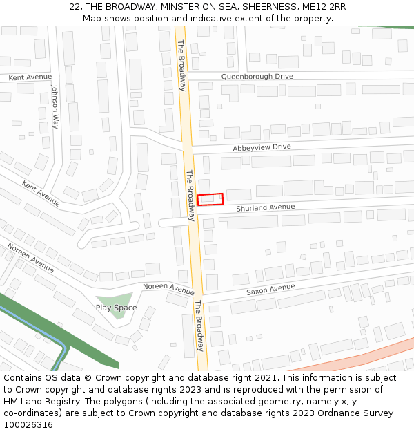 22, THE BROADWAY, MINSTER ON SEA, SHEERNESS, ME12 2RR: Location map and indicative extent of plot