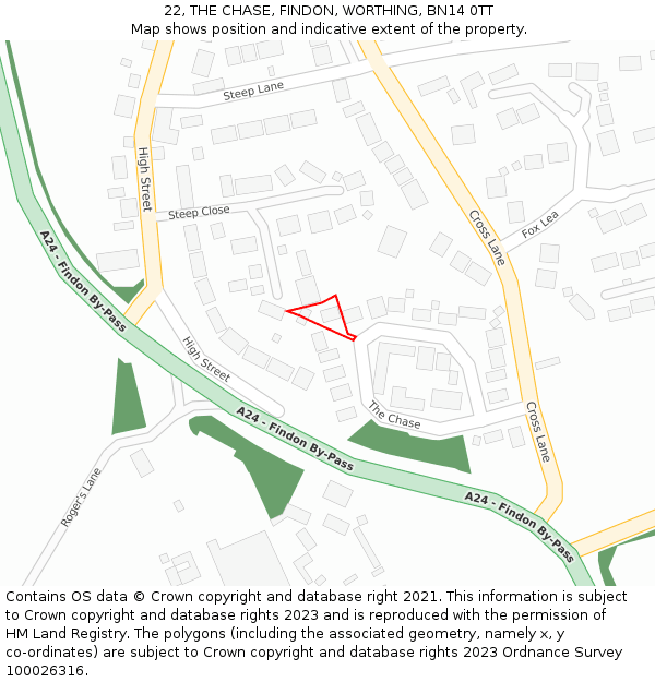 22, THE CHASE, FINDON, WORTHING, BN14 0TT: Location map and indicative extent of plot