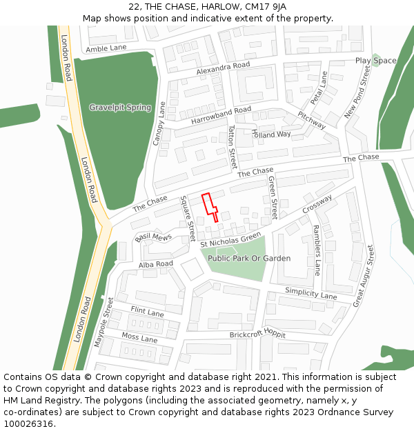 22, THE CHASE, HARLOW, CM17 9JA: Location map and indicative extent of plot